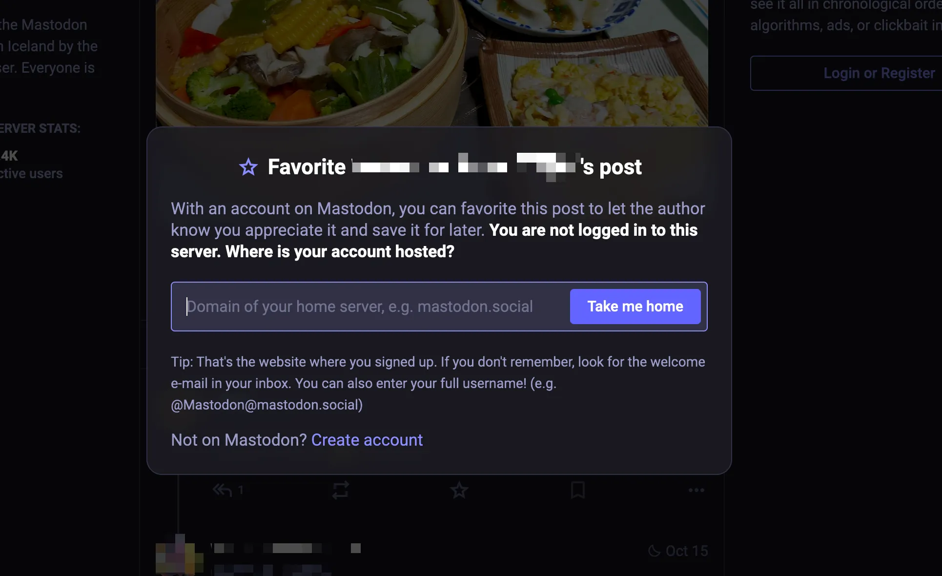 Image of “Take me home” dialog on Mastodon